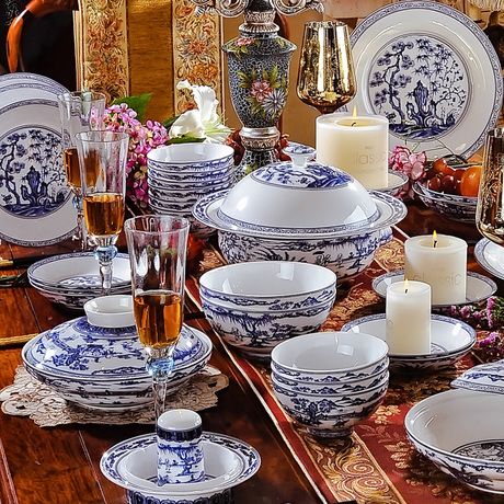 红鑫景德镇60头仿古青花瓷陶瓷餐具套装母子情深中式古典餐具